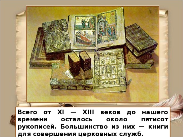 Всего от XI — XIII веков до нашего времени осталось около пятисот рукописей. Большинство из них — книги для совершения церковных служб.