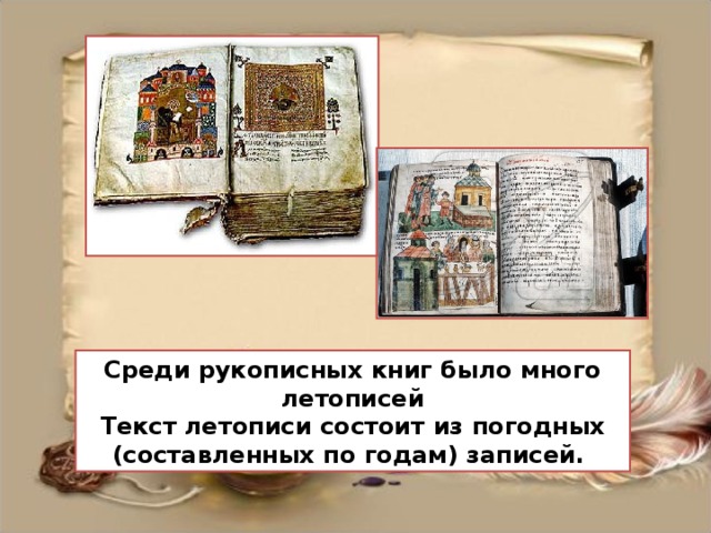 Среди рукописных книг было много летописей Текст летописи состоит из погодных (составленных по годам) записей.