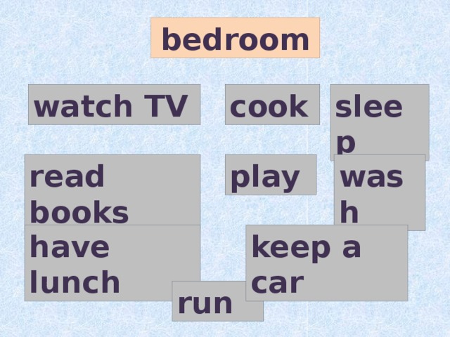 sleep bathroom cook bedroom watch TV living room kitchen keep a car wash garage