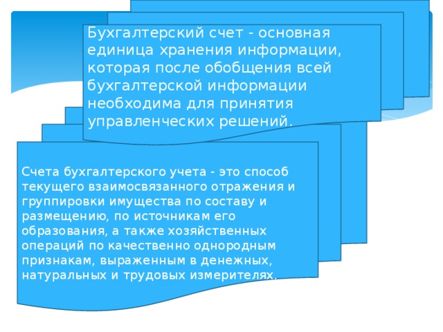 Бухгалтерский счет - основная единица хранения информации, которая после обобщения всей бухгалтерской информации необходима для принятия управленческих решений. Счета бухгалтерского учета - это способ текущего взаимосвязанного отражения и группировки имущества по составу и размещению, по источникам его образования, а также хозяйственных операций по качественно однородным признакам, выраженным в денежных, натуральных и трудовых измерителях.