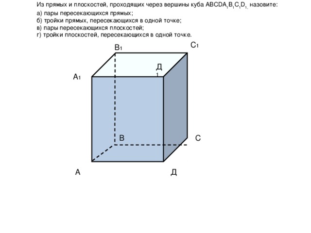 Из прямых и плоскостей, проходящих через вершины куба ABCDA 1 B 1 C 1 D 1, назовите:  а) пары пересекающихся прямых;  б) тройки прямых, пересекающихся в одной точке;  в) пары пересекающихся плоскостей;  г) тройки плоскостей, пересекающихся в одной точке.  С 1 В 1 Д 1 А 1 В С Д А