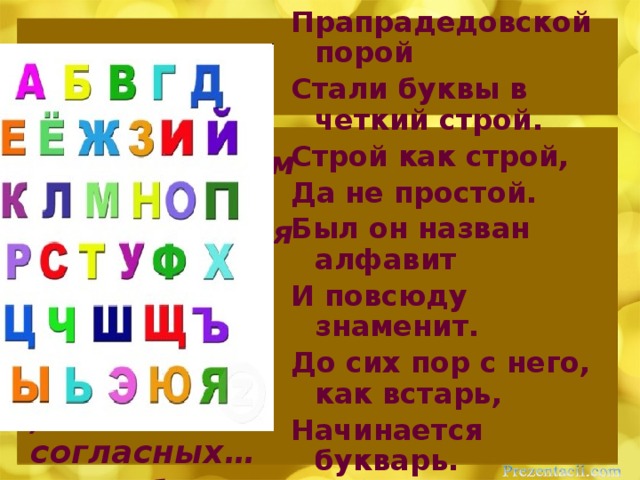 Прапрадедовской порой Стали буквы в четкий строй. Строй как строй, Да не простой. Был он назван алфавит И повсюду знаменит. До сих пор с него, как встарь, Начинается букварь. Буквы разуму верны, И за это им даны Высочайшие права Образовывать слова.