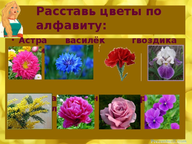 Расставь цветы по алфавиту: Астра василёк гвоздика ирис