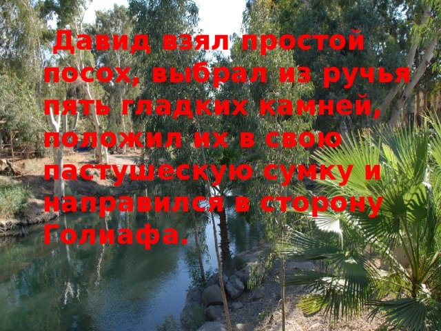 Давид взял простой посох, выбрал из ручья пять гладких камней, положил их в свою пастушескую сумку и направился в сторону Голиафа.