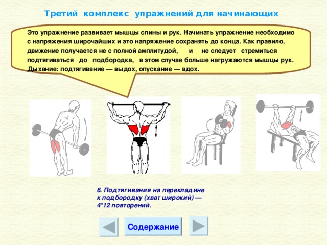 Третий комплекс упражнений для начинающих Это упражнение развивает мышцы спины и рук. Начинать упражнение необходимо с напряжения широчайших и это напряжение сохранять до конца. Как правило, движение получается не с полной амплитудой, и не следует стремиться подтягиваться до подбородка, в этом случае больше нагружаются мышцы рук. Дыхание: подтягивание — выдох, опускание — вдох. 6. Подтягивания на перекладине к подбородку (хват широкий) — 4*12 повторений. Содержание