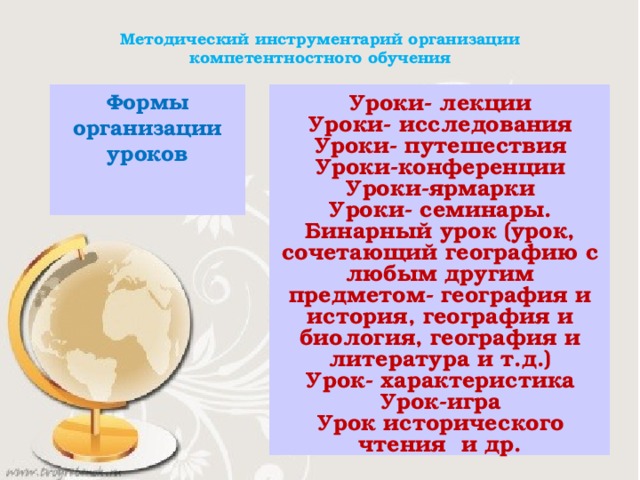 Методический инструментарий организации компетентностного обучения Уроки- лекции Уроки- исследования Уроки- путешествия Уроки-конференции Уроки-ярмарки Уроки- семинары. Бинарный урок (урок, сочетающий географию с любым другим предметом- география и история, география и биология, география и литература и т.д.) Урок- характеристика Урок-игра Урок исторического чтения и др. Формы организации уроков