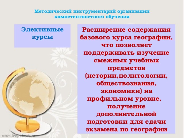 Методический инструментарий организации компетентностного обучения Элективные курсы Расширение содержания базового курса географии, что позволяет поддерживать изучение смежных учебных предметов (истории,политологии, обществознания, экономики) на профильном уровне, получение дополнительной подготовки для сдачи экзамена по географии