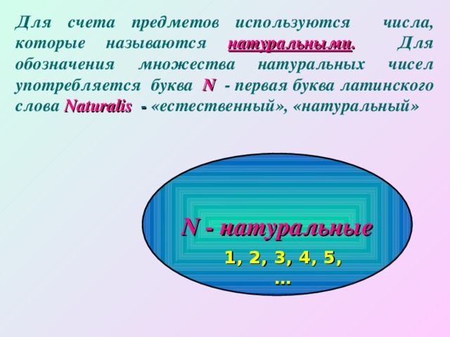 Для счета предметов используются числа, которые называются  натуральными .  Для обозначения множества  натуральных чисел употребляется буква   N   - первая буква латинского слова  Naturalis  - «естественный», «натуральный» N - натуральные 1 , 2, 3, 4, 5, …