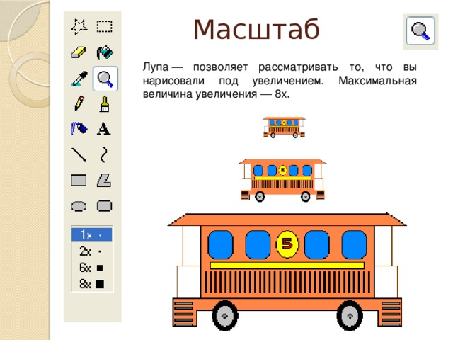 Масштаб Лупа — позволяет рассматривать то, что вы нарисовали под увеличением. Максимальная величина увеличения — 8х.