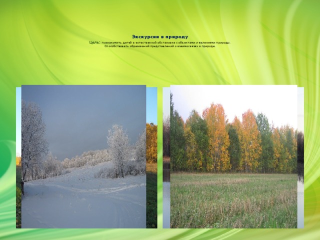Экскурсии в природу  Цель :  познакомить детей в естественной обстановке с объектами и явлениями природы.  Способствовать образований представлений о взаимосвязях в природе.