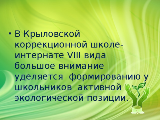 В Крыловской   коррекционной школе-интернате VIII вида большое внимание уделяется  формированию у школьников  активной экологической позиции. 