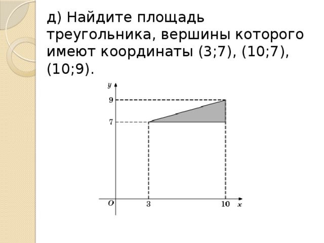 д) Найдите площадь треугольника, вершины которого имеют координаты (3;7), (10;7), (10;9).