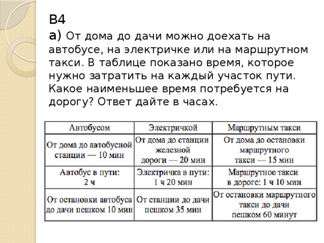 В4  а) От дома до дачи можно доехать на автобусе, на электричке или на маршрутном такси. В таблице показано время, которое нужно затратить на каждый участок пути. Какое наименьшее время потребуется на дорогу? Ответ дайте в часах.