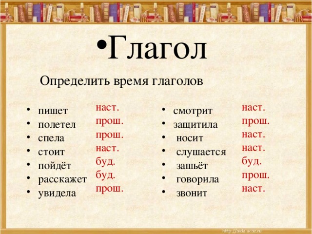 Глагол Определить время глаголов   наст. прош. наст. наст. буд. прош. наст. наст. прош. прош. наст. буд. буд. прош. пишет полетел спела стоит пойдёт расскажет увидела  смотрит защитила  носит  слушается  зашьёт  говорила  звонит