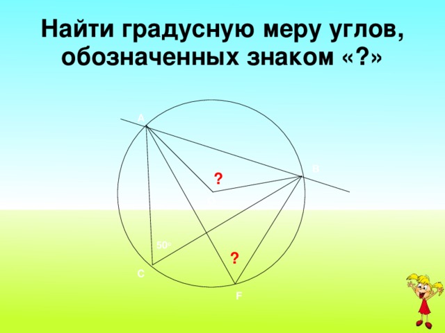 Найти градусную меру углов, обозначенных знаком «?» А В ? О 50 о ? С F