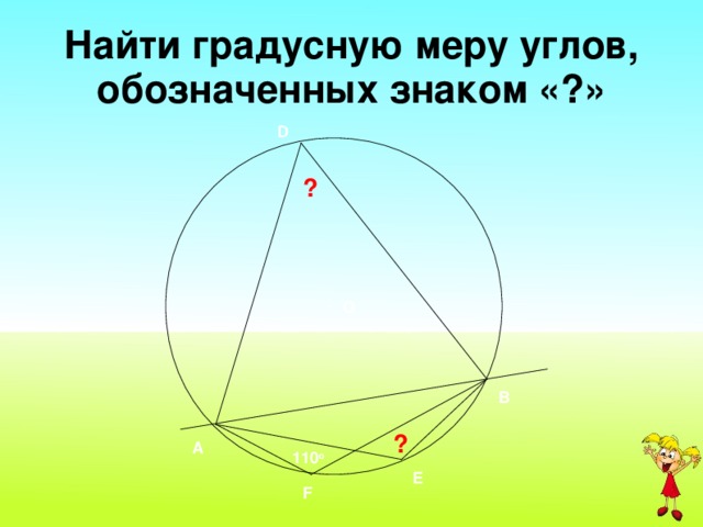 Найти градусную меру углов, обозначенных знаком «?» D ? · О B ? A 110 o E F