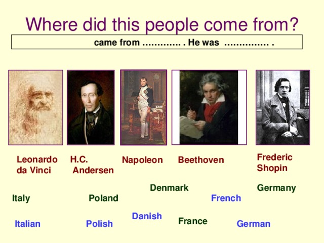 Where did this people come from?  came from …………. . He was …………… . Frederic Shopin Leonardo da Vinci H.C.  Andersen Beethoven Napoleon Germany Denmark Italy Poland French Danish France Italian Polish German