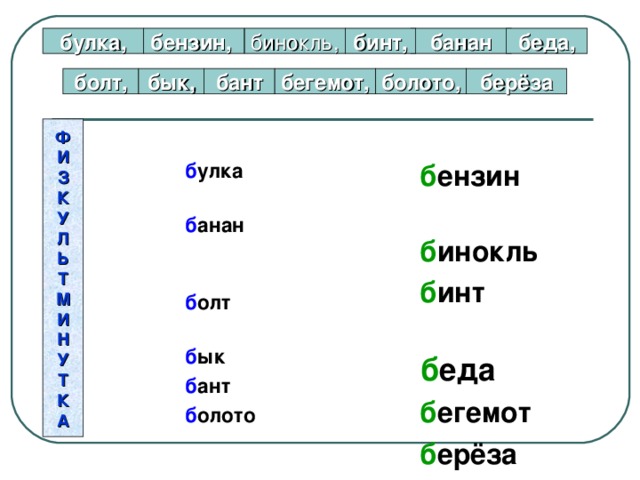 булка, банан бензин, бинокль, бинт, беда, бант болт, бык, болото, бегемот, берёза Ф И З К У Л Ь Т М И Н У Т К А  б ензин  б инокль  б инт  б еда   б егемот  б ерёза б улка  б анан    б олт  б ык б ант  б олото