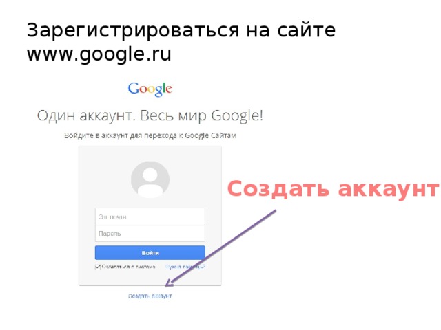 Зарегистрироваться на сайте  www.google.ru Создать аккаунт