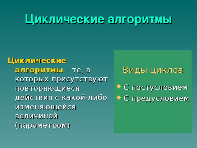 Циклические алгоритмы Циклические алгоритмы – те, в которых присутствуют повторяющиеся действия с какой-либо изменяющейся величиной (параметром) Виды циклов