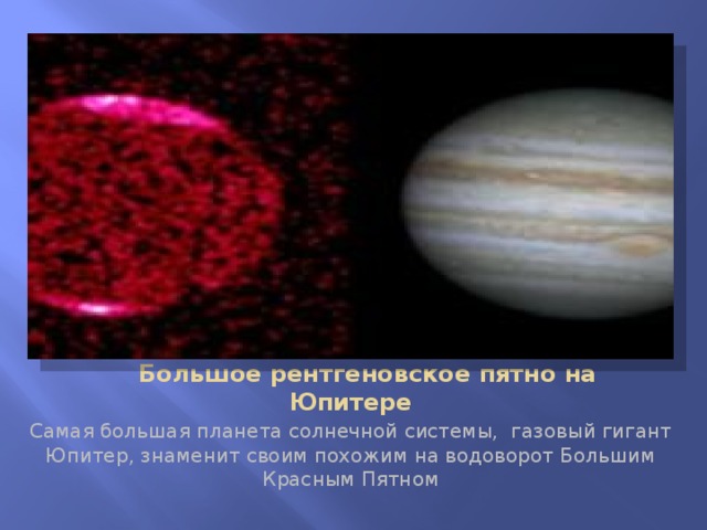       Большое рентгеновское пятно на Юпитере Самая большая планета солнечной системы,  газовый гигант Юпитер, знаменит своим похожим на водоворот Большим Красным Пятном