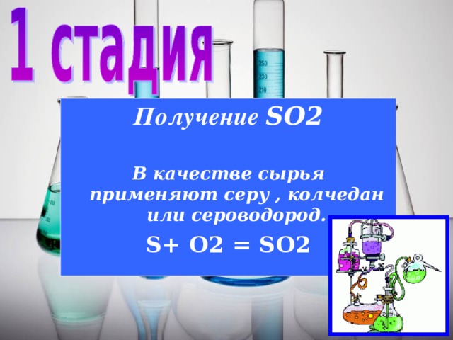 Получение SO 2  В качестве сырья применяют серу , колчедан или сероводород. S+ O 2 = SO 2