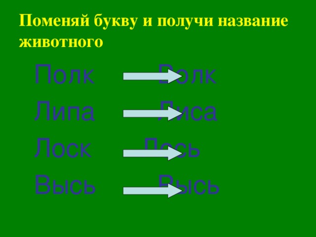 Поменяй букву и получи название животного  Полк     Волк  Липа     Лиса  Лоск     Лось  Высь     Рысь