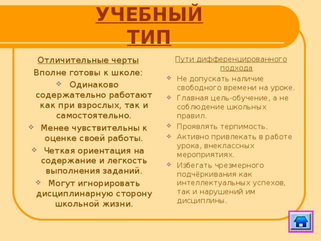 УЧЕБНЫЙ ТИП Пути дифференцированного подхода Не допускать наличие свободного времени на уроке. Главная цель-обучение, а не соблюдение школьных правил. Проявлять терпимость. Активно привлекать в работе урока, внеклассных мероприятиях. Избегать чрезмерного подчёркивания как интеллектуальных успехов, так и нарушений им дисциплины. Отличительные черты Вполне готовы к школе: