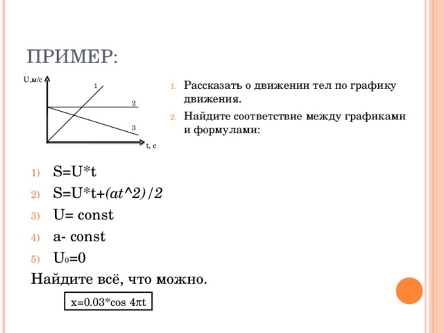 U, м/с Рассказать о движении тел по графику движения. Найдите соответствие между графиками и формулами: 1 2 3 t, c S=U*t S=U*t+ (at^2)/2 U= const a- const U 0 =0 Найдите всё, что можно. x=0.03*cos 4  t