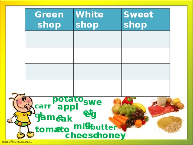 Green shop White shop Sweet shop potato sweet apple carrot egg jam cake milk butter tomato cheese honey