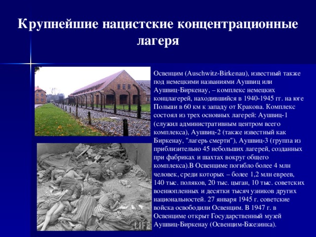 Крупнейшие нацистские концентрационные лагеря Освенцим (Auschwitz-Birkenau), известный также под немецкими названиями Аушвиц или Аушвиц‑Биркенау, – комплекс немецких концлагерей, находившийся в 1940-1945 гг. на юге Польши в 60 км к западу от Кракова. Комплекс состоял из трех основных лагерей: Аушвиц-1 (служил административным центром всего комплекса), Аушвиц-2 (также известный как Биркенау, 