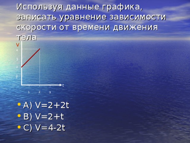 Используя данные графика, записать уравнение зависимости скорости от времени движения тела     V 4 3  2 1  1 t 1 2 3
