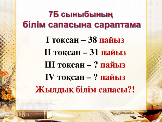 І тоқсан – 38 пайыз ІІ тоқсан – 31 пайыз ІІІ тоқсан – ? пайыз І V тоқсан – ? пайыз Жылдық білім сапасы?!