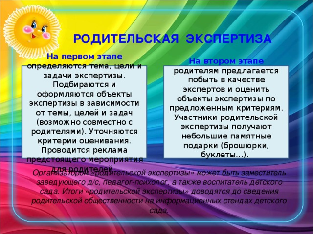 РОДИТЕЛЬСКАЯ ЭКСПЕРТИЗА На первом этапе определяются тема, цели и задачи экспертизы. Подбираются и оформляются объекты экспертизы в зависимости от темы, целей и задач (возможно совместно с родителями). Уточняются критерии оценивания. Проводится реклама предстоящего мероприятия для родителей. На втором этапе родителям предлагается побыть в качестве экспертов и оценить объекты экспертизы по предложенным критериям. Участники родительской экспертизы получают небольшие памятные подарки (брошюрки, буклеты…). Организатором «родительской экспертизы» может быть заместитель заведующего д/с, педагог-психолог, а также воспитатель детского сада. Итоги «родительской экспертизы» доводятся до сведения родительской общественности на информационных стендах детского сада.