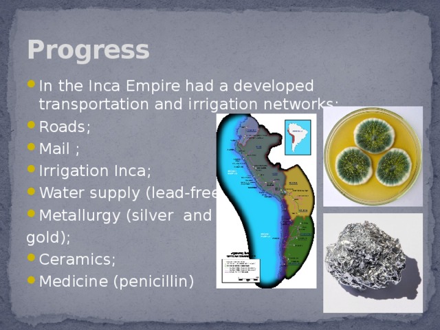 Progress In the Inca Empire had a developed transportation and irrigation networks; Roads; Mail ; Irrigation Inca; Water supply (lead-free); Metallurgy (silver and gold);