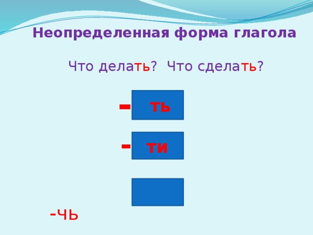 Неопределенная форма глагола  Что дела ть ? Что сдела ть ? -  ть  - ти  -чь