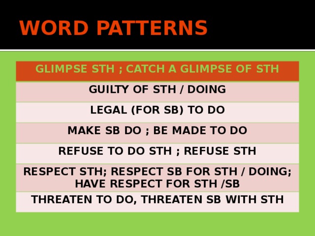 WORD PATTERNS GLIMPSE STH ; CATCH A GLIMPSE OF STH GUILTY OF STH / DOING LEGAL (FOR SB) TO DO MAKE SB DO ; BE MADE TO DO REFUSE TO DO STH ; REFUSE STH RESPECT STH; RESPECT SB FOR STH / DOING; HAVE RESPECT FOR STH /SB THREATEN TO DO, THREATEN SB WITH STH
