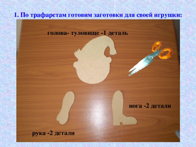 1. По трафаретам готовим заготовки для своей игрушки:   голова- туловище -1 деталь  нога -2 детали рука -2 детали