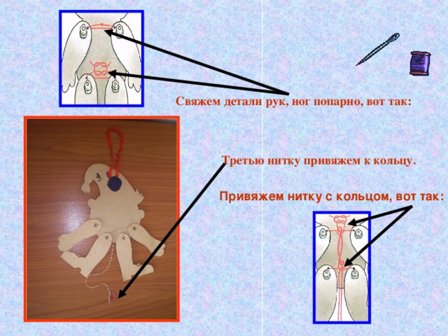 Свяжем детали рук, ног попарно, вот так: Третью нитку привяжем к кольцу .  Привяжем нитку с кольцом, вот так: