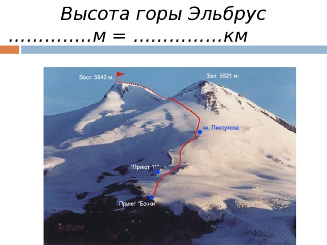 Высота горы Эльбрус ………… ..м = ……………км