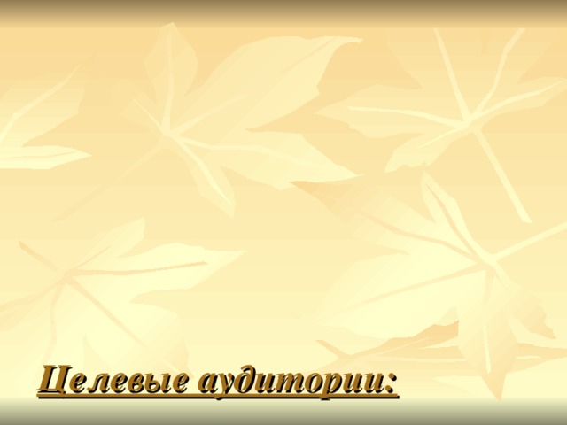 Целевые аудитории:   -учащиеся старших классов школ;  - студенты I-II курсов учебных заведений;  - молодежь, не определившаяся в выборе профессии.