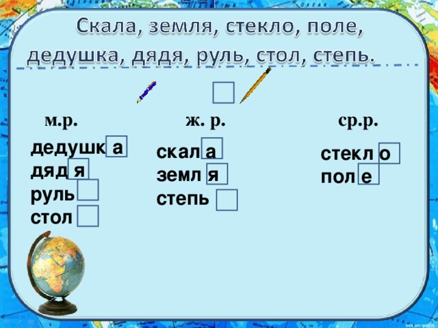 м.р. ж. р. ср.р. дедушк а дяд я руль стол скал а земл я степь стекл о пол е