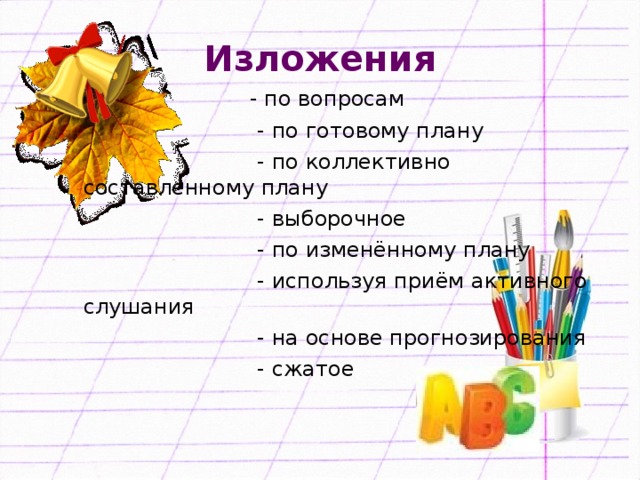 Изложения - по вопросам  - по готовому плану  - по коллективно составленному плану  - выборочное  - по изменённому плану  - используя приём активного слушания  - на основе прогнозирования  - сжатое