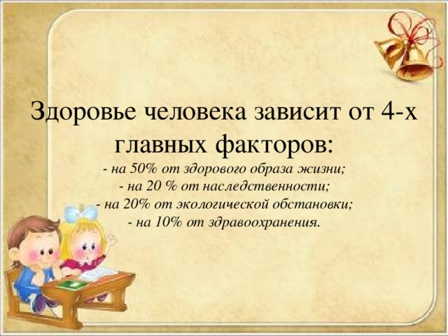 Здоровье человека зависит от 4-х главных факторов:  - на 50% от здорового образа жизни;  - на 20 % от наследственности;  - на 20% от экологической обстановки;  - на 10% от здравоохранения.