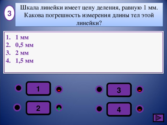 Шкала линейки имеет цену деления, равную 1 мм. Какова погрешность измерения длины тел этой линейки? 3 1 мм 0,5 мм 2 мм 1,5 мм  1 3 - - 2 4 + - 5