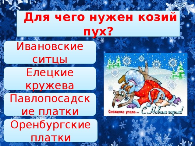   Для чего нужен козий пух? Ивановские ситцы Елецкие кружева Павлопосадские платки Оренбургские платки