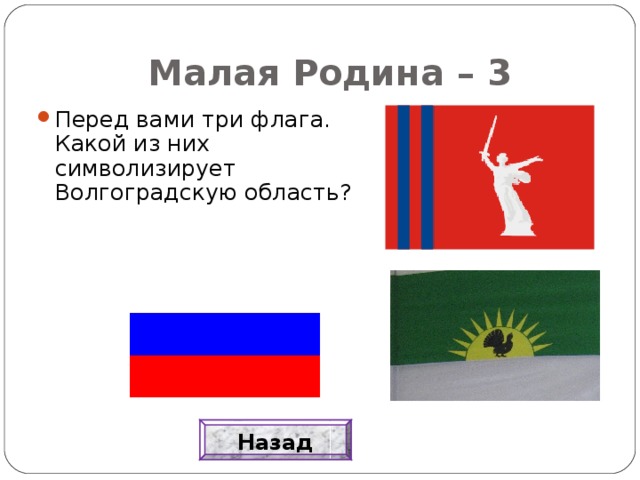 Малая Родина – 3 Перед вами три флага. Какой из них символизирует Волгоградскую область? Назад