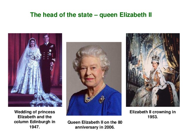 The head of the state – queen Elizabeth II Elizabeth II crowning in 1953. Wedding of princess Elizabeth and the column Edinburgh in 1947. Queen Elizabeth II on the 80 anniversary in 2006.  Коронация Елизаветы II в 1953 году. Глава государства – королева Елизавета II. Королева Елизавета II на свое 80-летие в 2006 году. Свадьба принцессы Елизаветы и графа Эдинбургского в 1947 году.