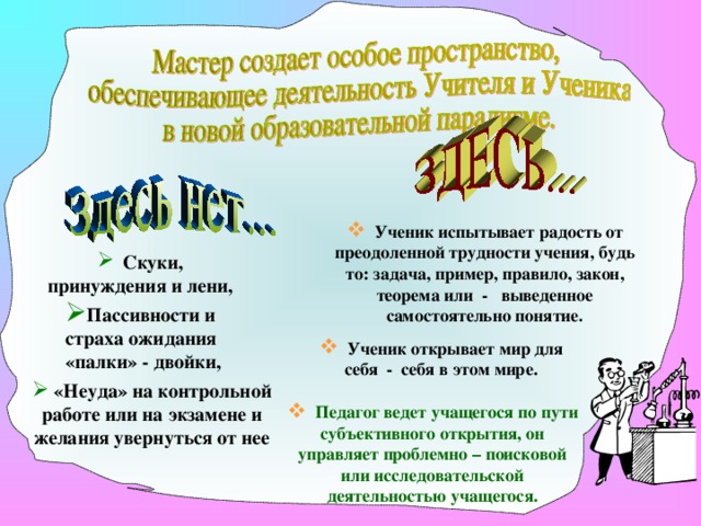 Критерием результативности такого образовательного пространства являются положительные изменения в чувствах, эмоциях, мышлении, практической деятельности учащихся, их комфортное состояние в образовательном пространстве.