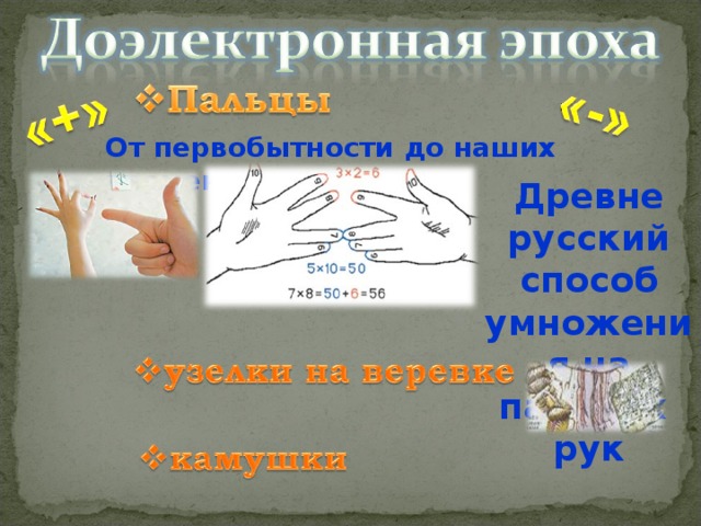От первобытности до наших времен Древне русский способ умножения на пальцах рук